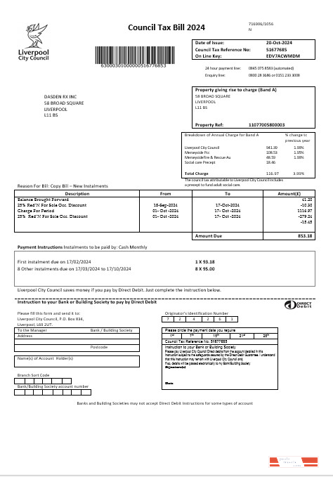 United Kingdom Liverpool City Council taxbusiness utility bill template in Word formats PSD template